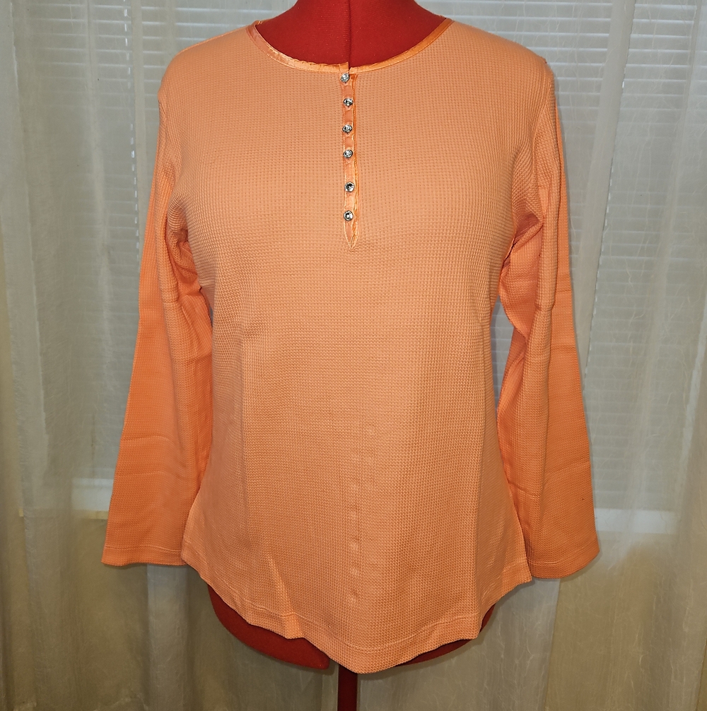 Quacker Factory Orange Henley Waffle Long Sleeve Top